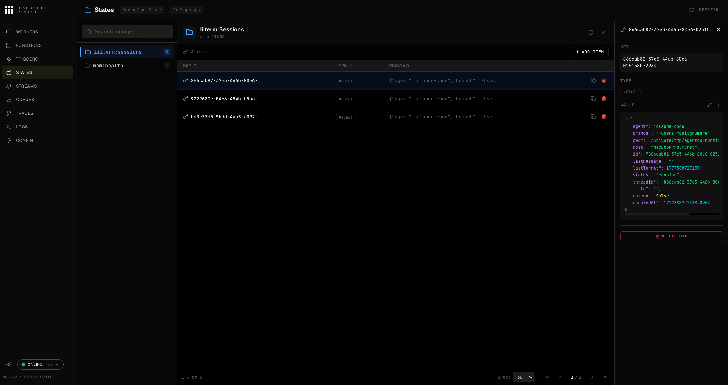 iii Console States page showing state groups, key-value items, and JSON value details for a selected item