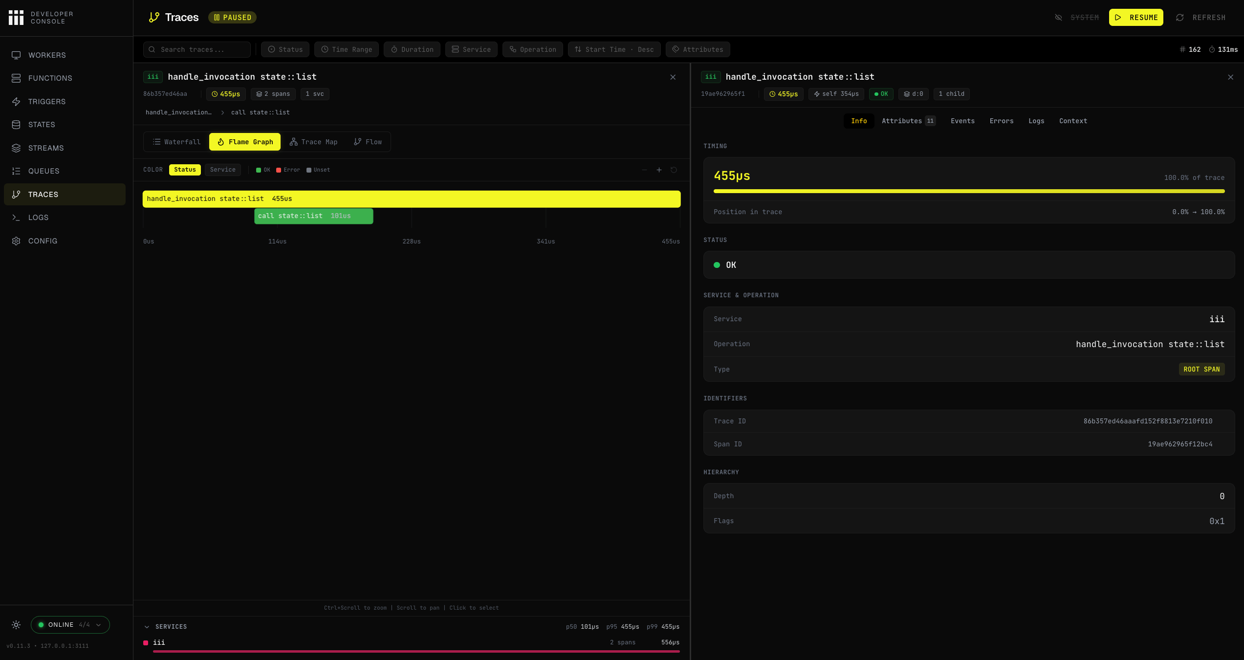 iii Console Traces page showing the flame graph view for a selected trace