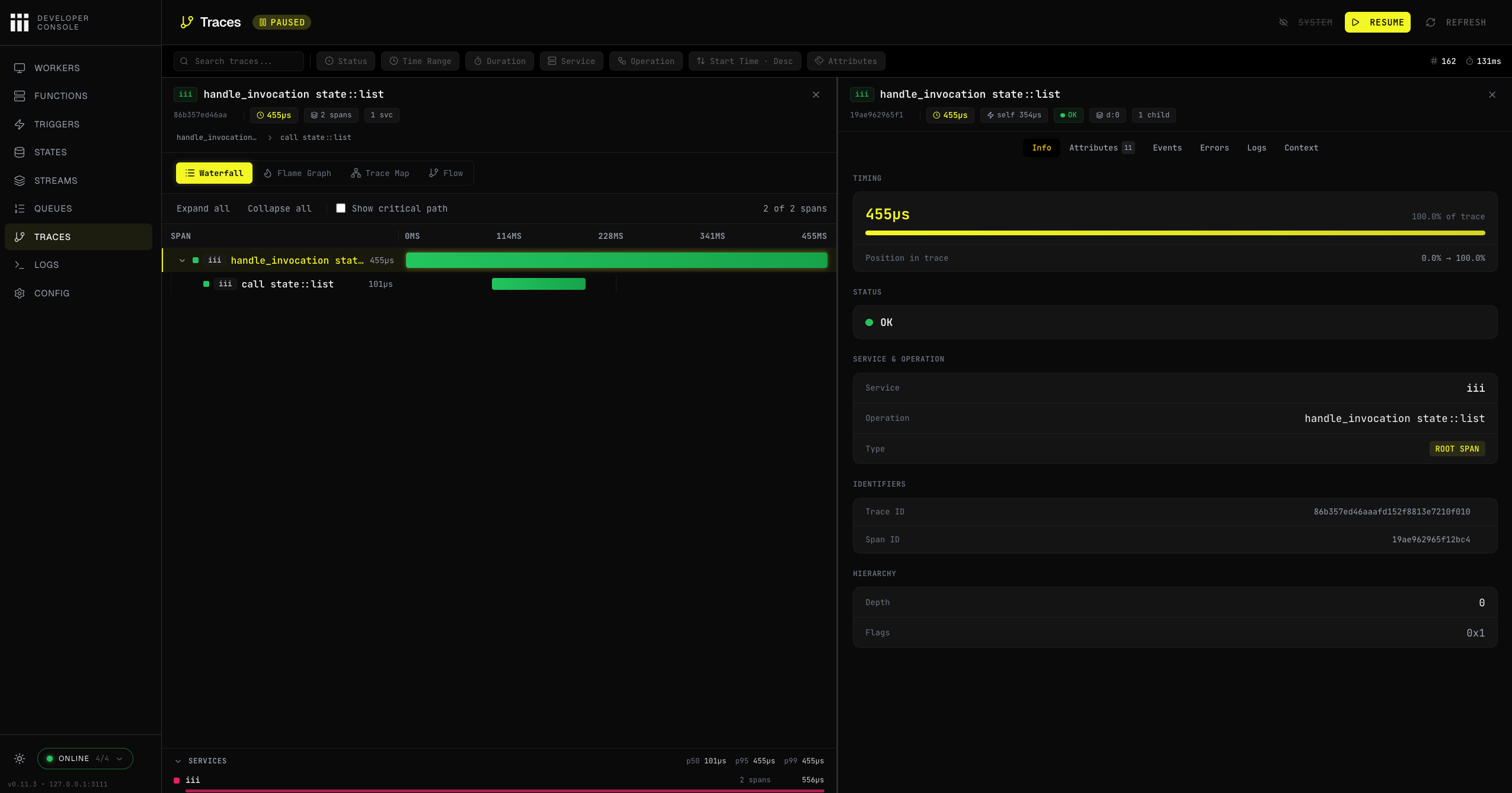 iii Console Traces page showing a waterfall chart for a selected trace and span timing details