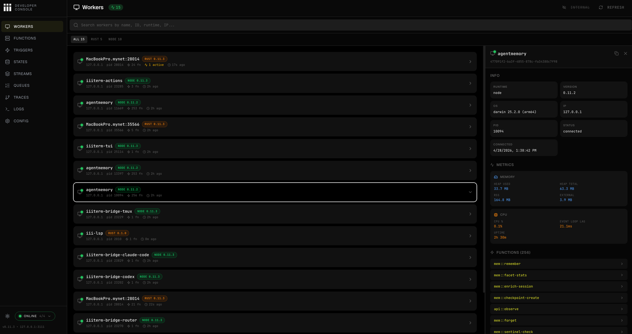 iii Console Workers page with a selected worker detail panel showing runtime, version, OS, metrics, and registered functions