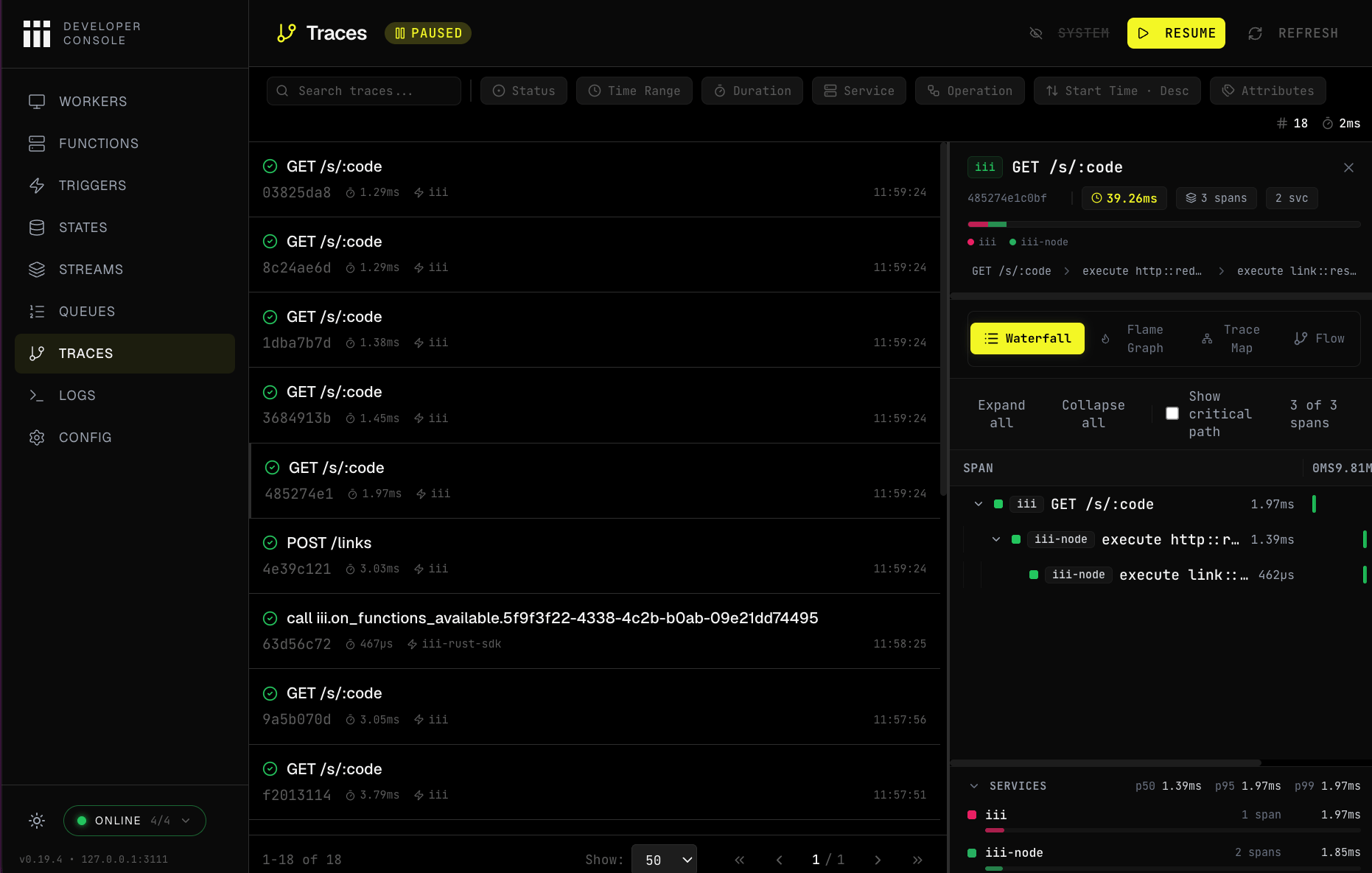 iii console Traces page showing redirect spans sorted by duration with the waterfall for a selected GET /s/:code trace