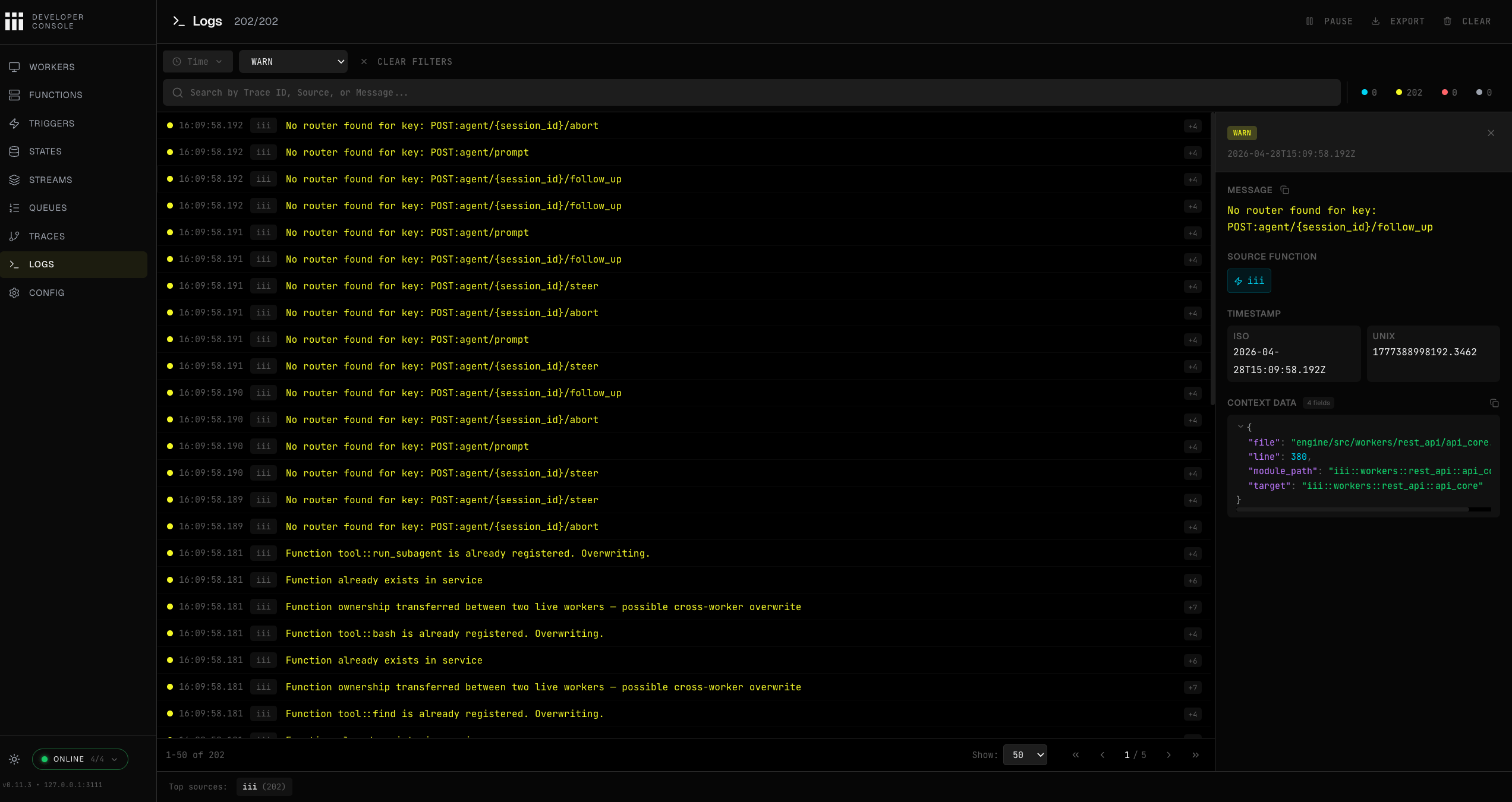 iii Console Logs page showing structured log rows and a selected log detail panel with context data