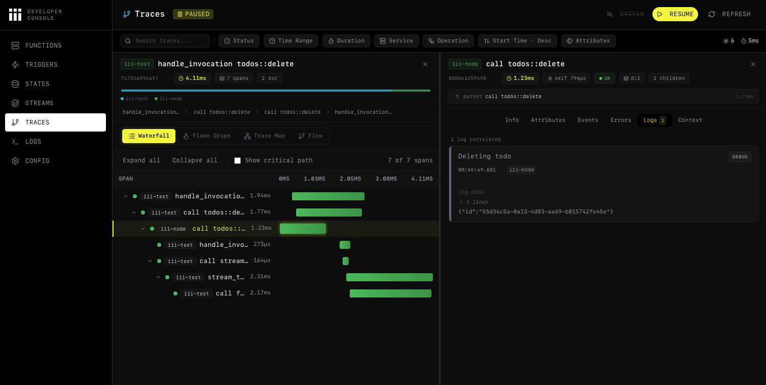 iii Console trace detail showing the Logs tab with correlated log entries for a specific trace execution
