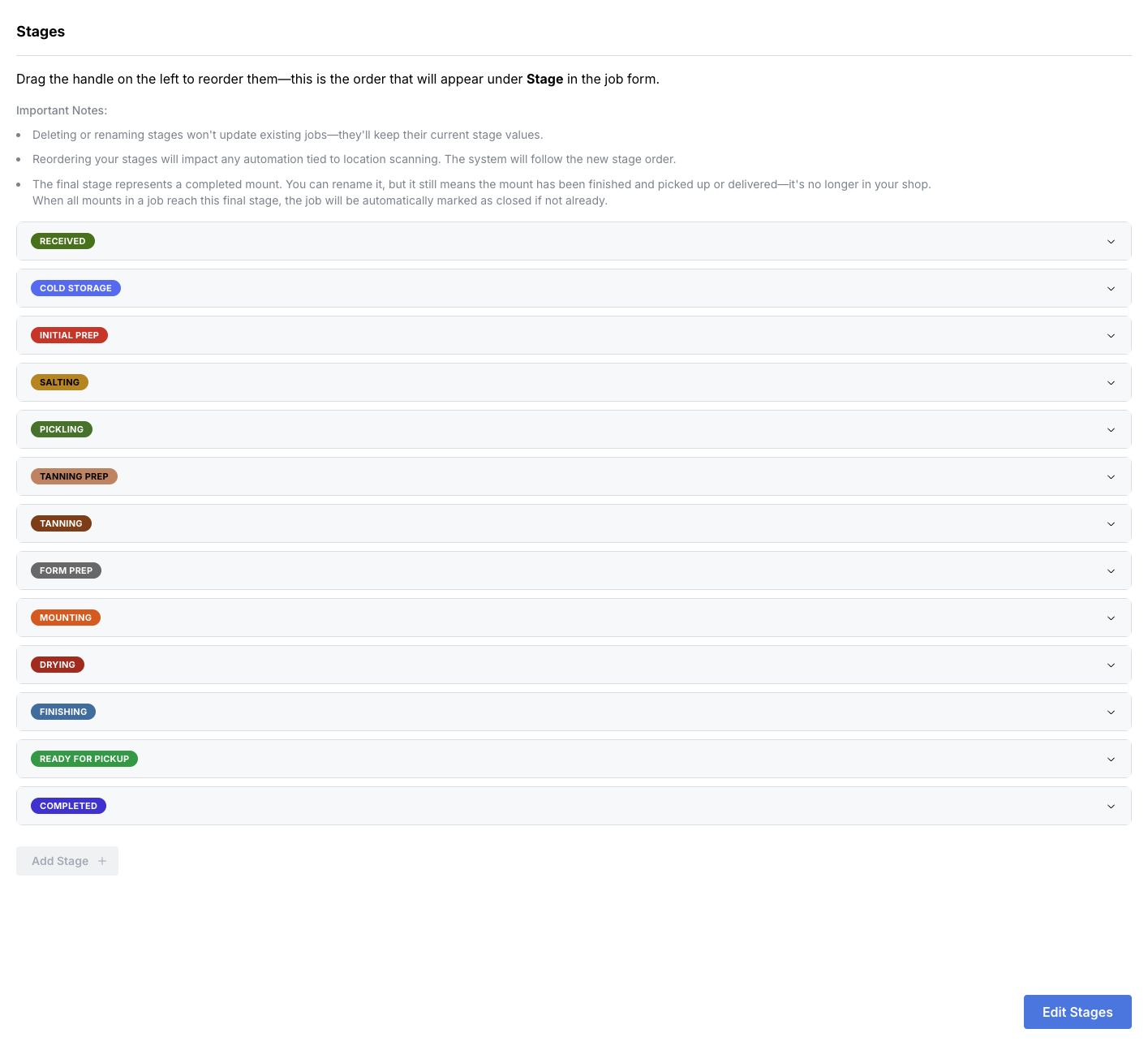 Stages settings showing the ordered list, Ready for Pickup before Completed, and the Edit Stages button.