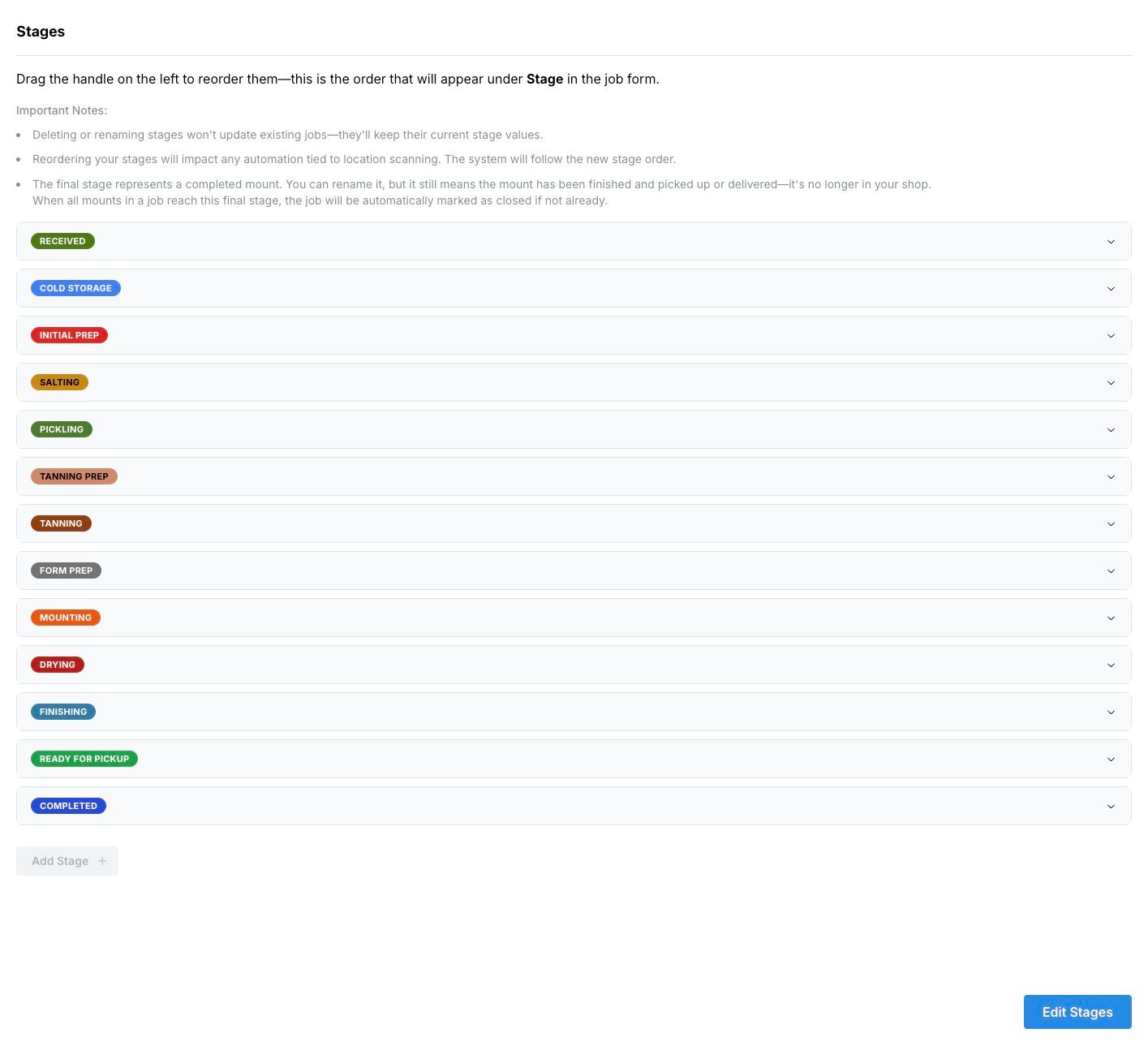 Stages settings showing the ordered list, Ready for Pickup before Completed, and the Edit Stages button.