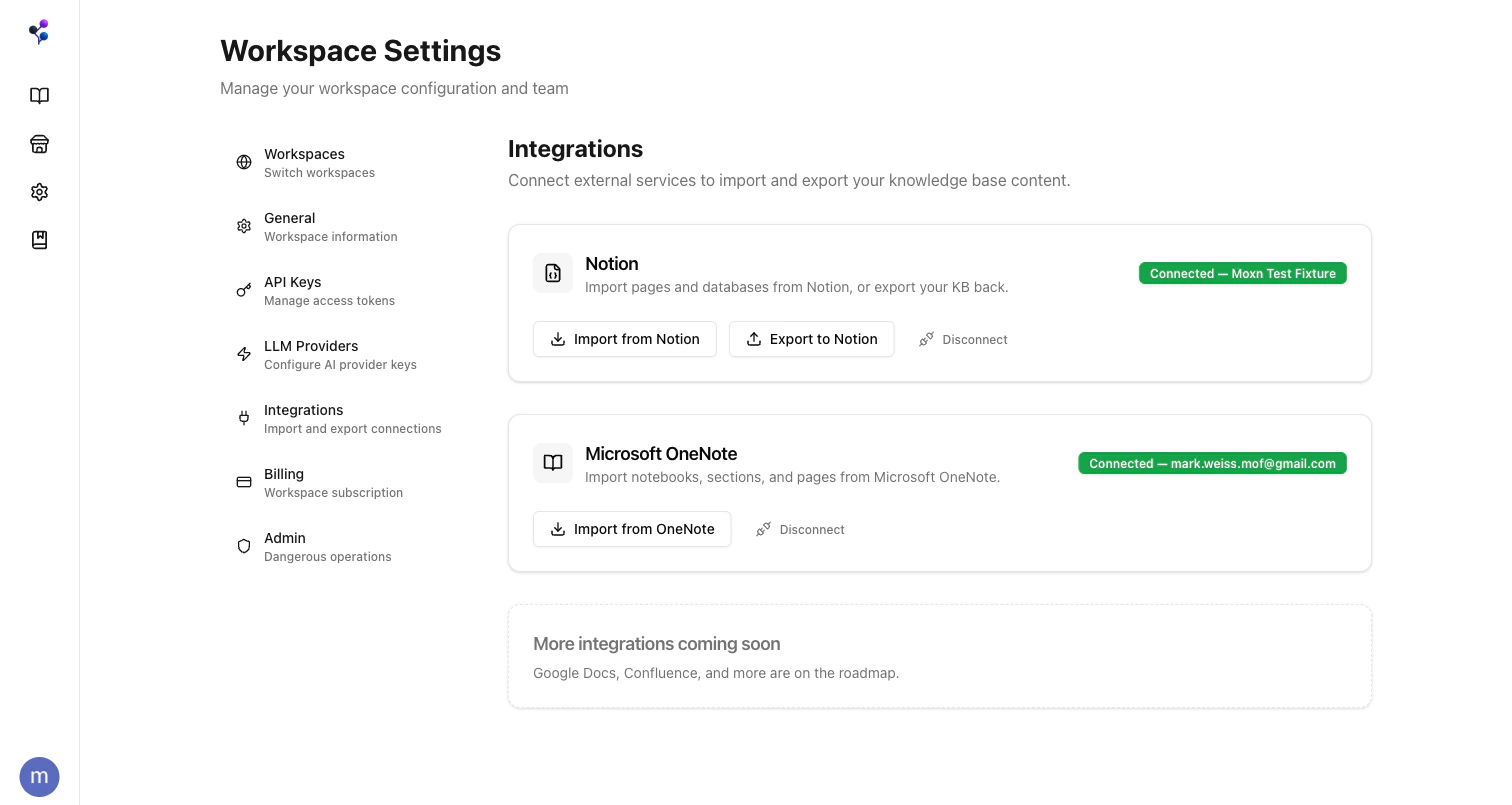 Settings > Integrations page with the Microsoft OneNote card and Import from OneNote button
