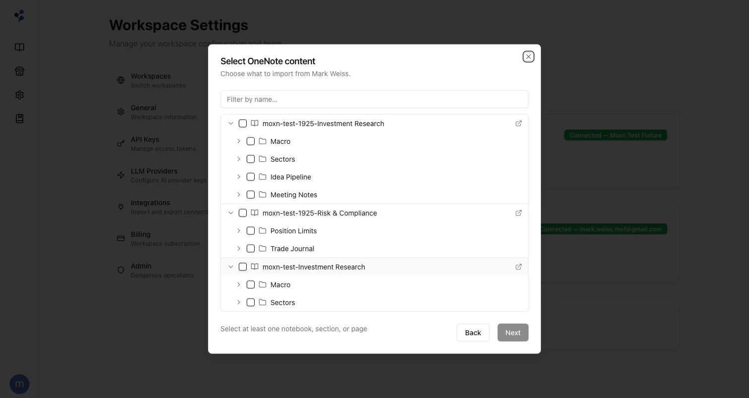 Select OneNote content dialog showing the notebook hierarchy