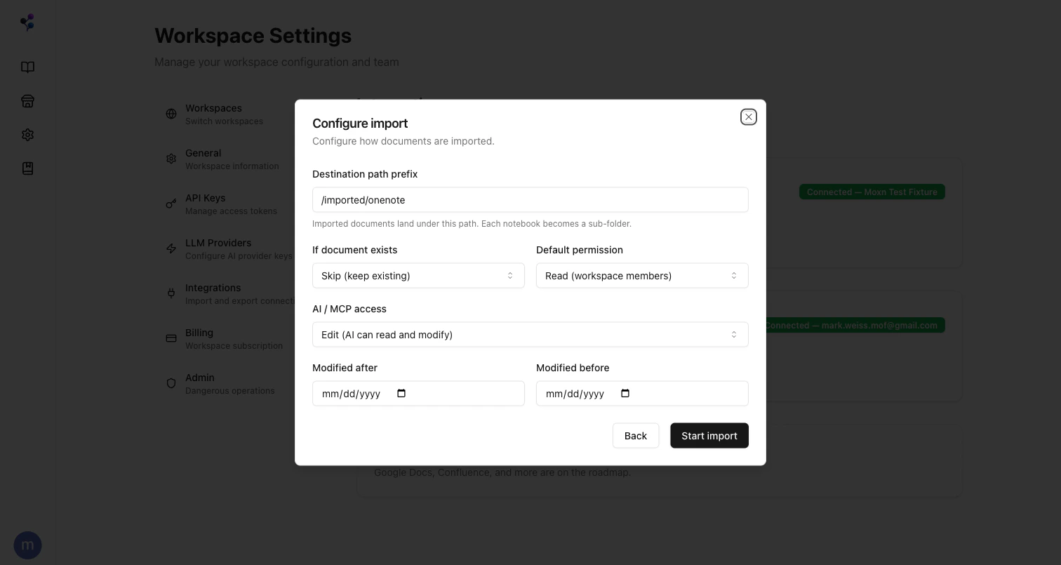 Configure import dialog with path prefix, conflict strategy, permissions, and date filters