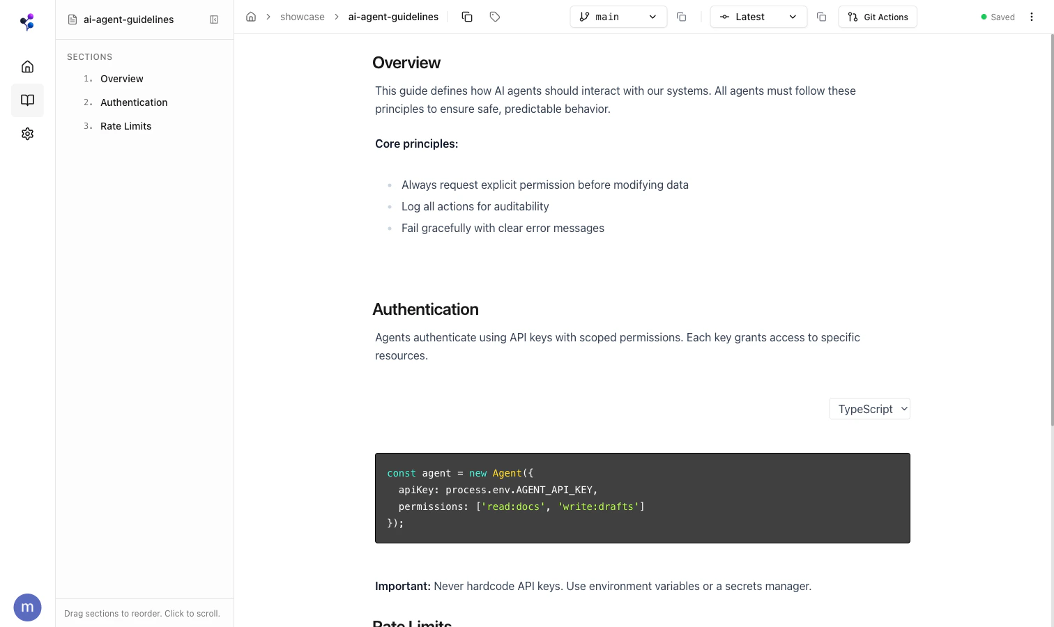 Document editor with sections