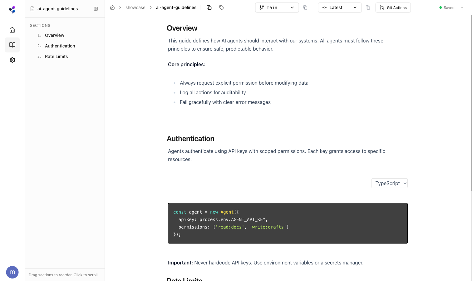Moxn document editor with sections, code blocks, and mermaid diagrams