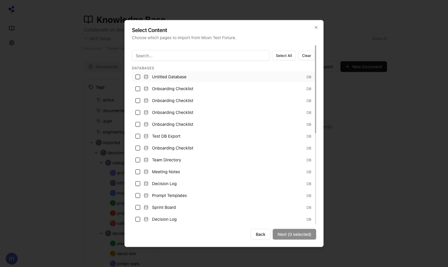 Notion import content selection dialog