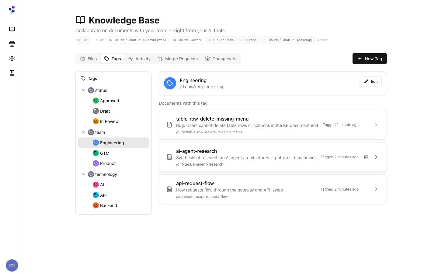 Tags panel showing a selected tag with its assigned documents