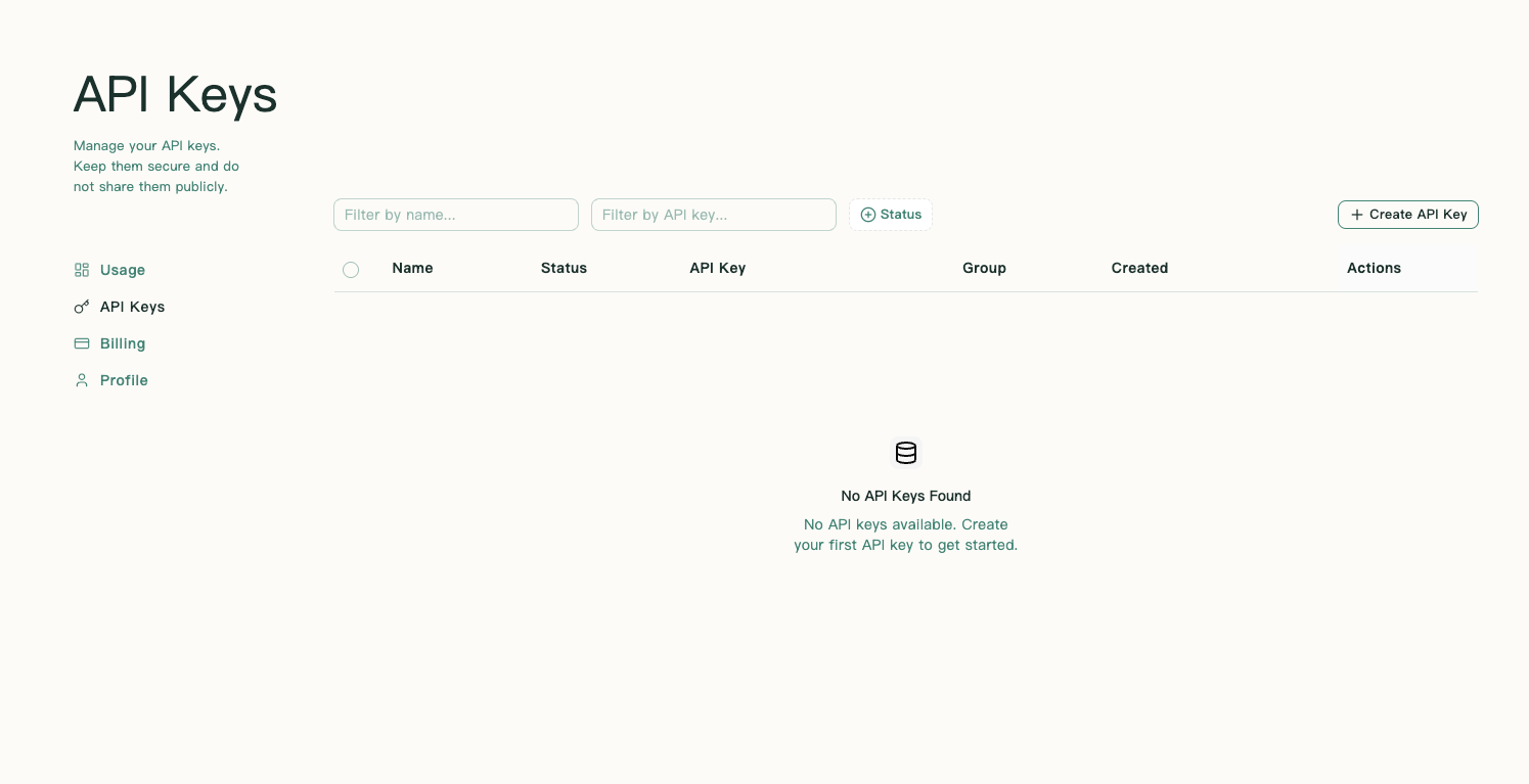 API Keys page with the create button