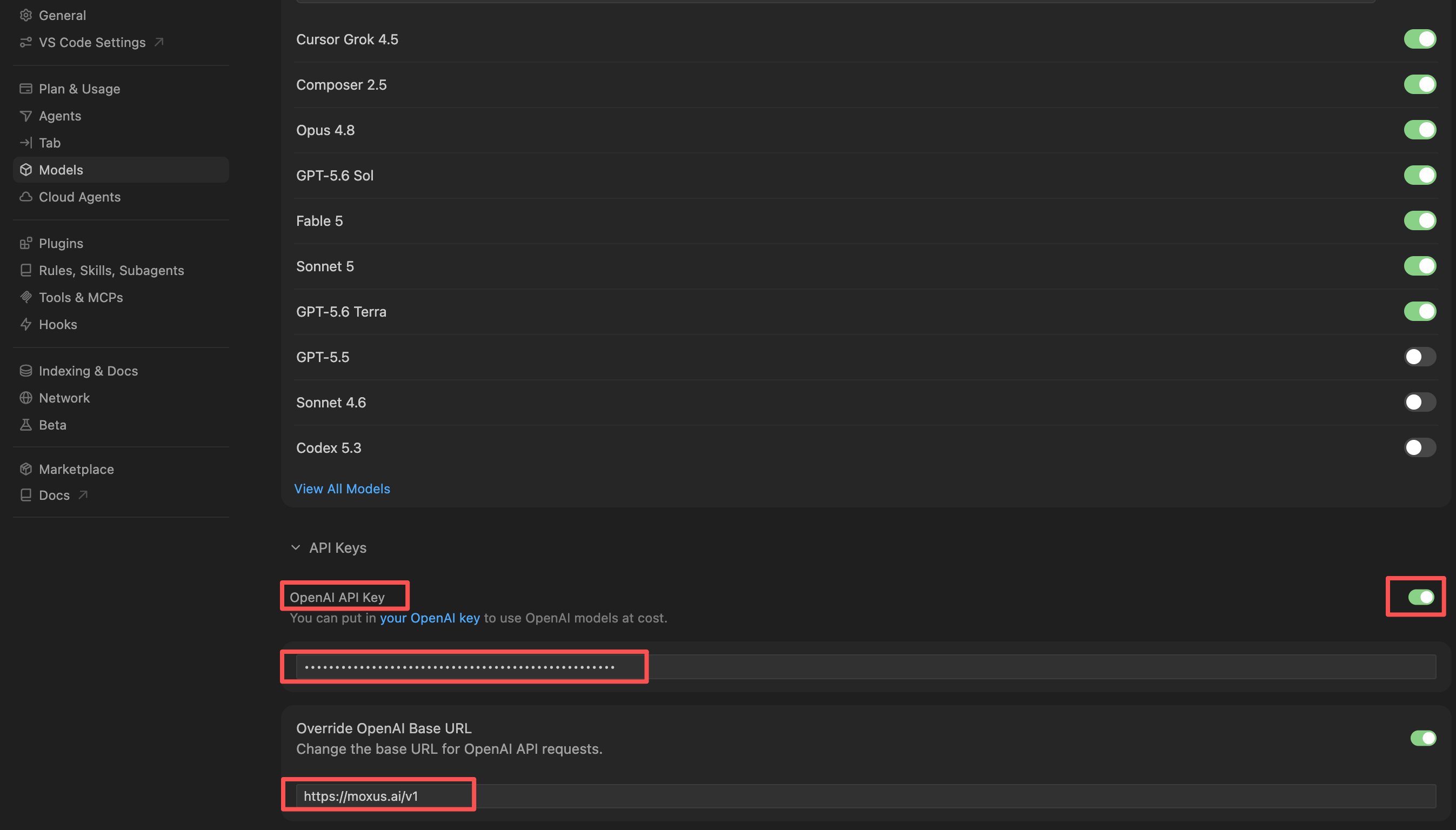 Cursor API key and Base URL settings