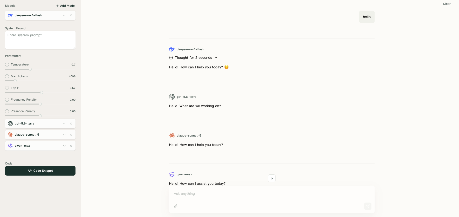 Several models answer the same question separately, with the model name shown beside each response