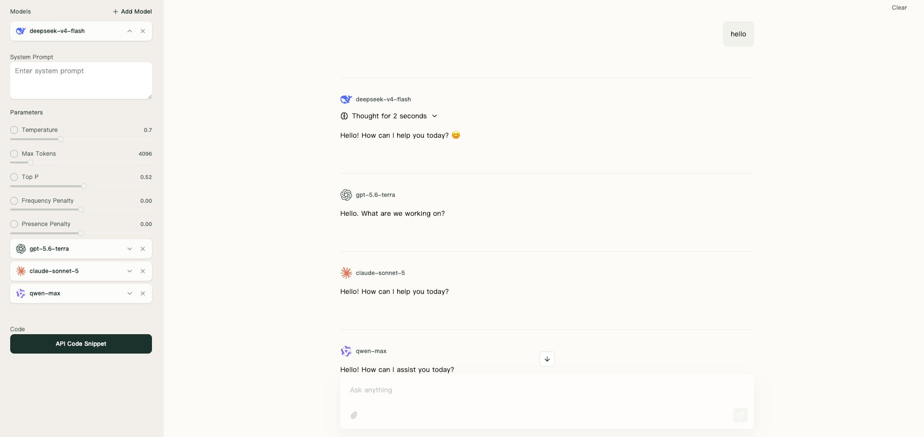 Several models answer the same question separately, with the model name shown beside each response