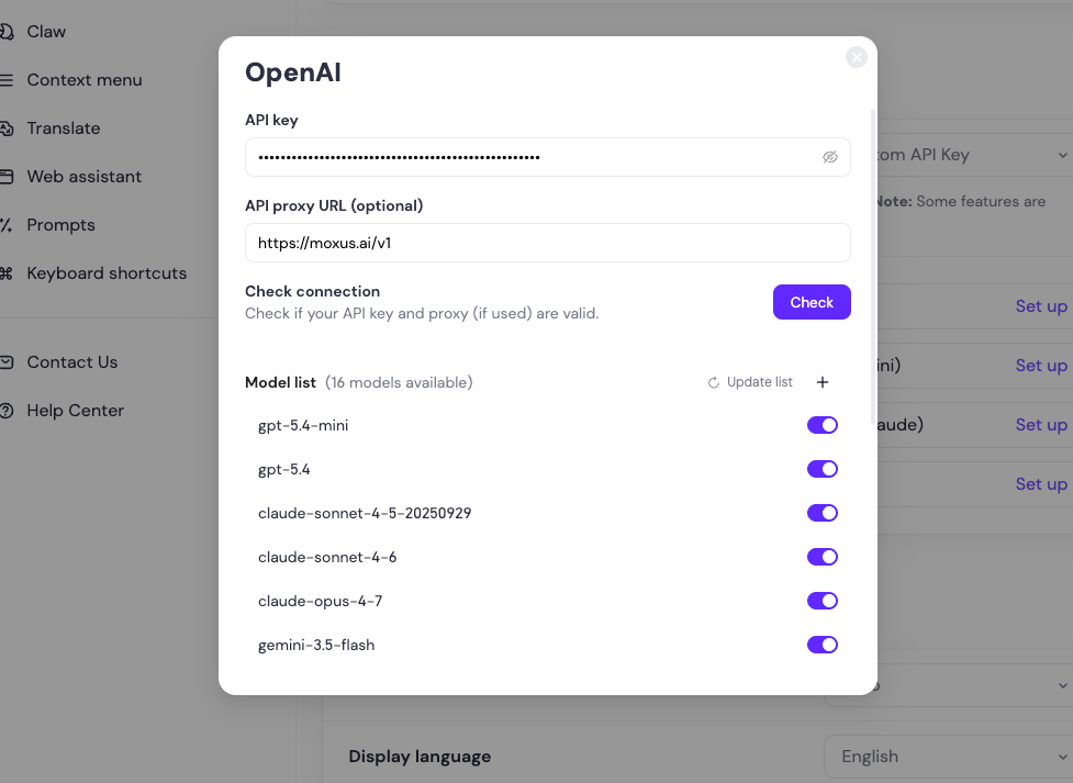 Sider OpenAI API key and proxy URL settings
