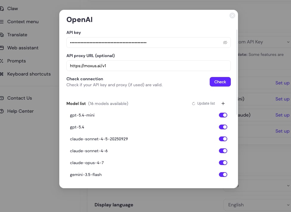 Sider OpenAI API key and proxy URL settings