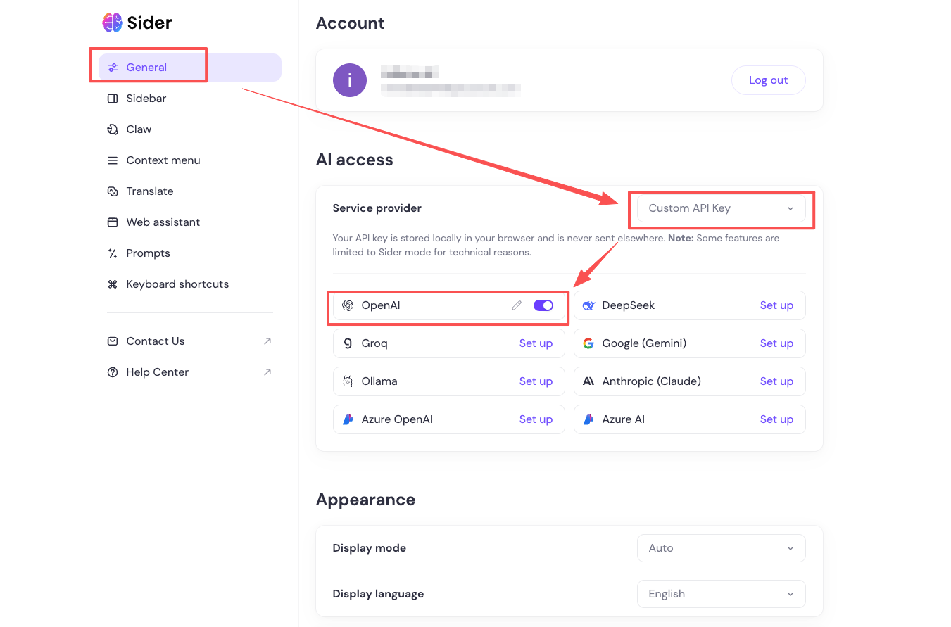 Sider general settings and OpenAI settings entry