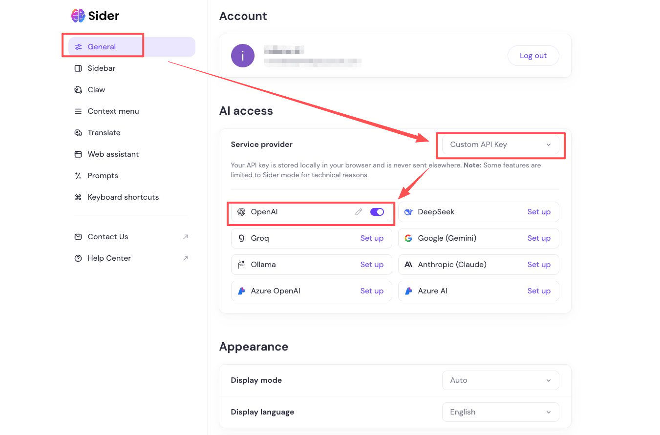 Sider general settings and OpenAI settings entry
