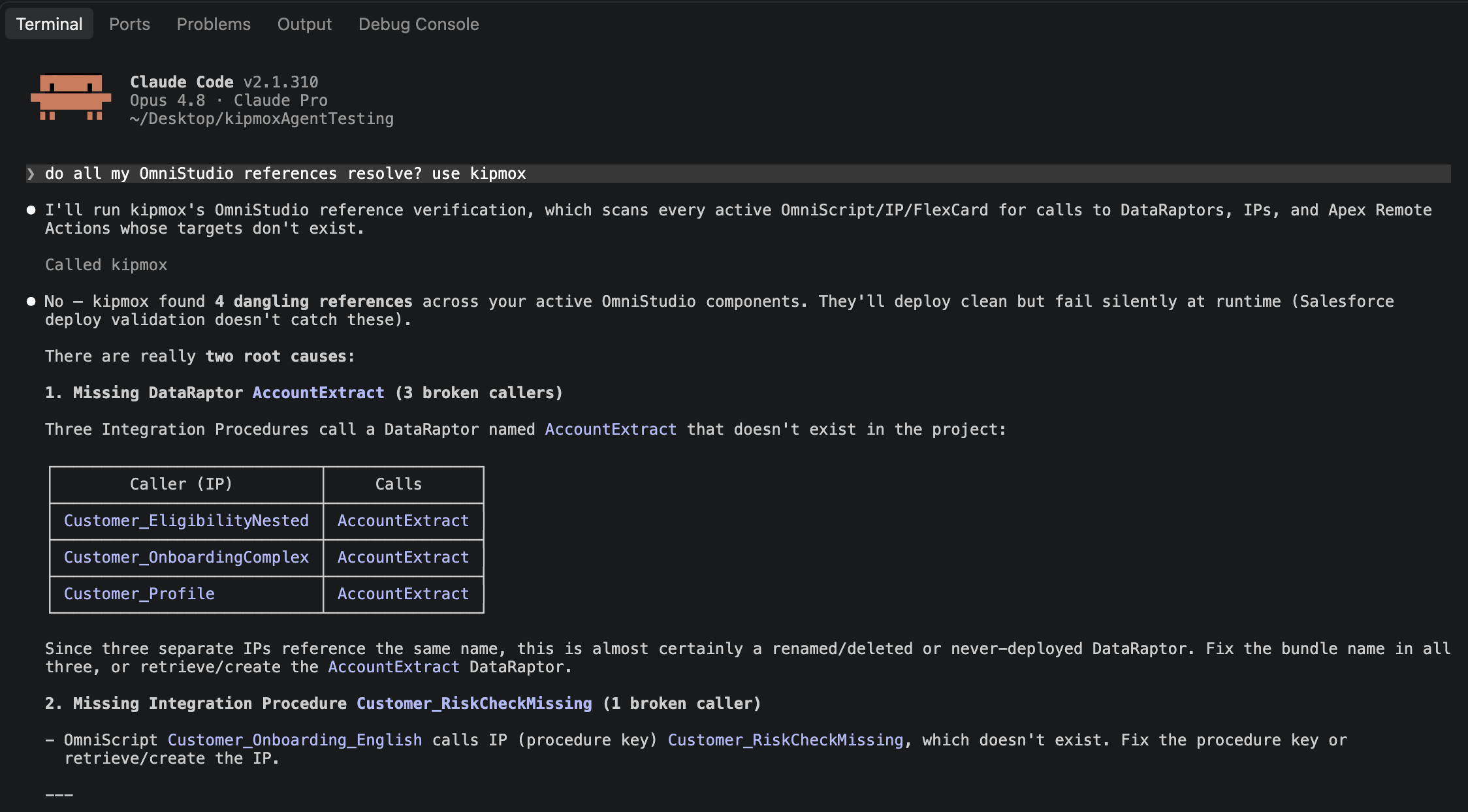 kipmox verify_omni_references in Claude Code, showing four dangling OmniStudio references in a table