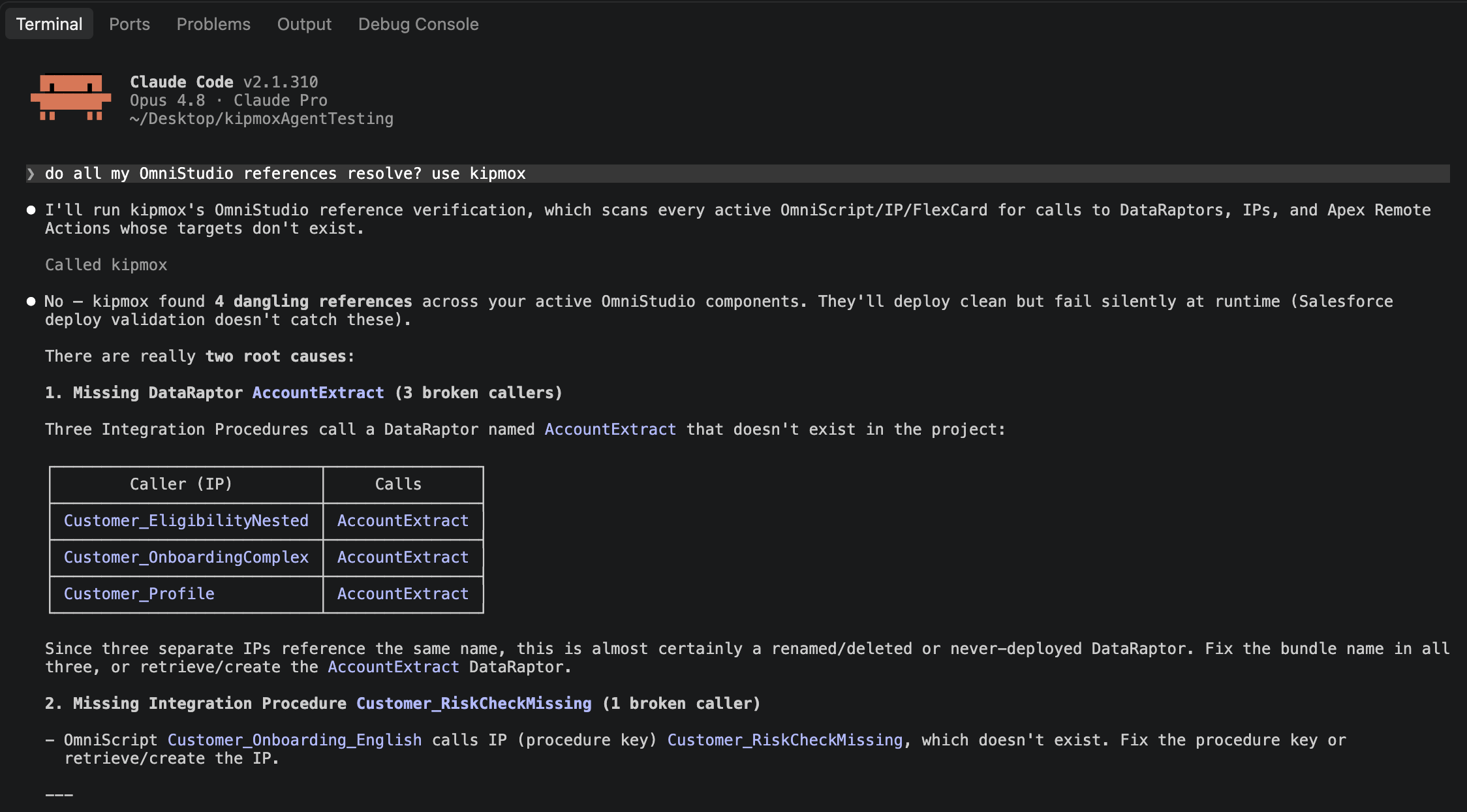 kipmox verify_omni_references in Claude Code, showing four dangling OmniStudio references in a table