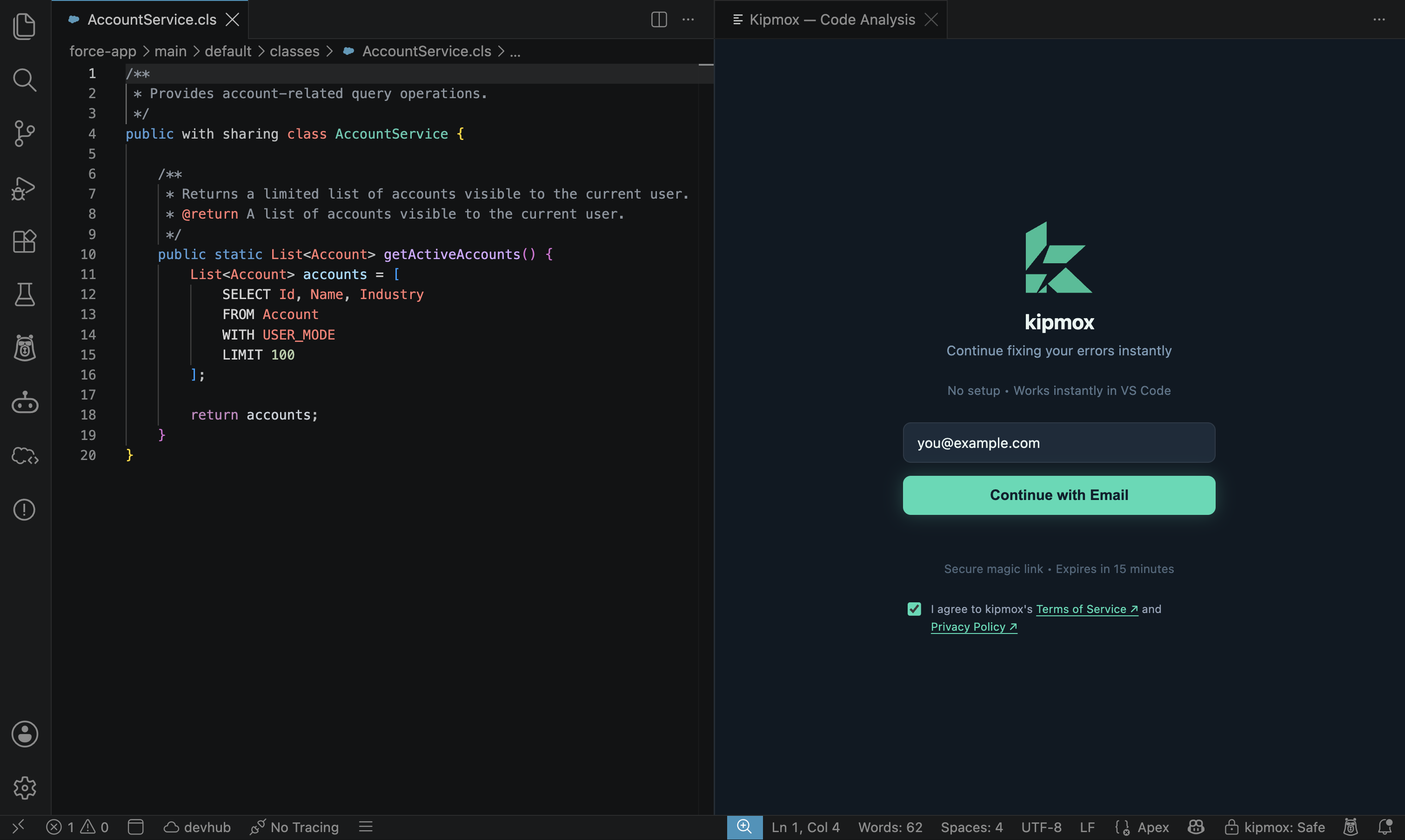 The kipmox magic-link sign-in prompt in VS Code