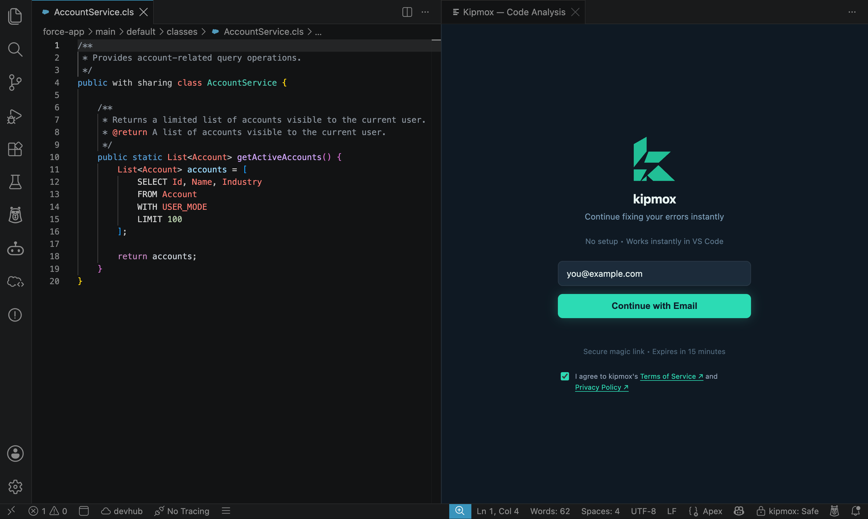 The kipmox magic-link sign-in prompt in VS Code