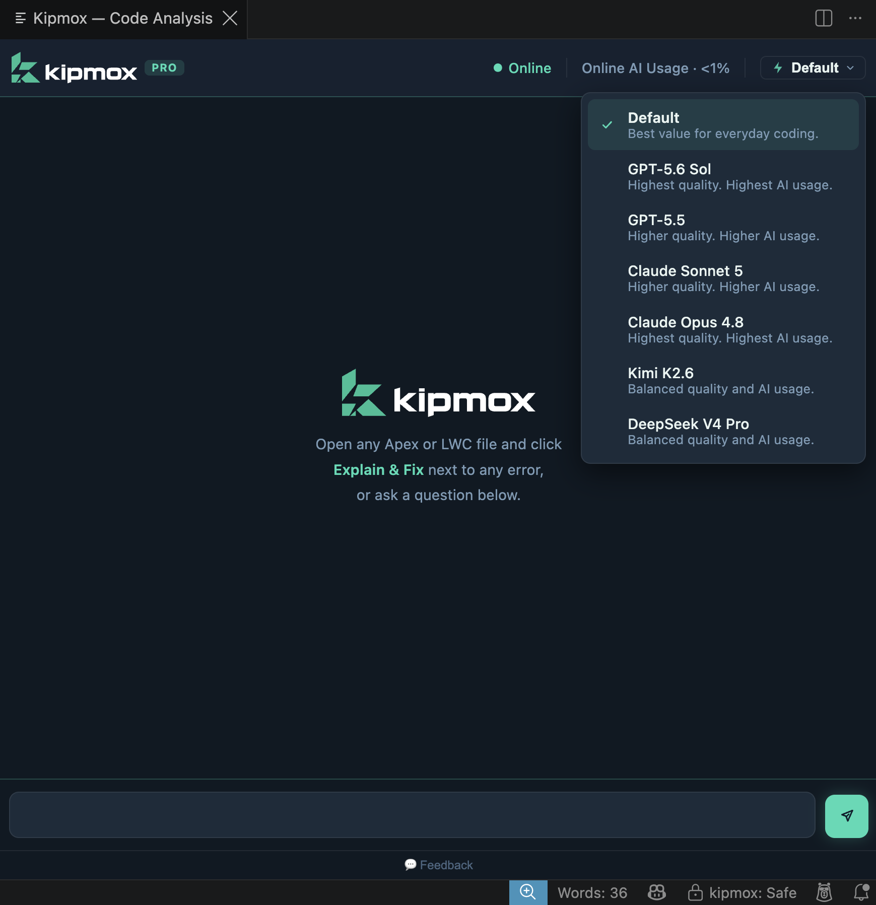 The AI model picker in the kipmox panel header