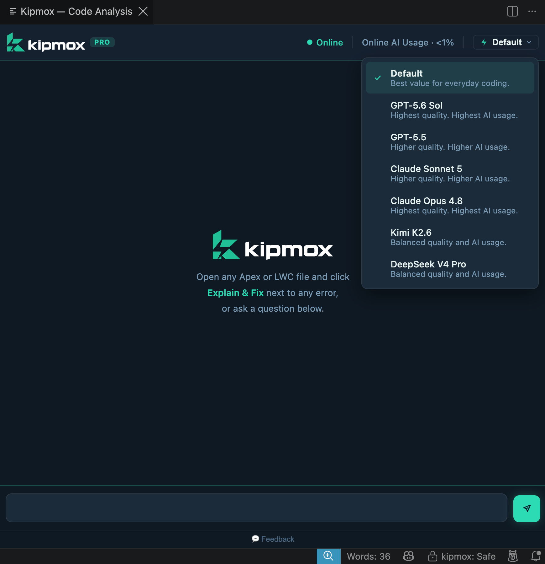 The AI model picker in the kipmox panel header