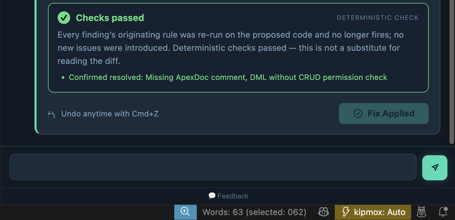 kipmox Auto Fix Mode in the VS Code status bar