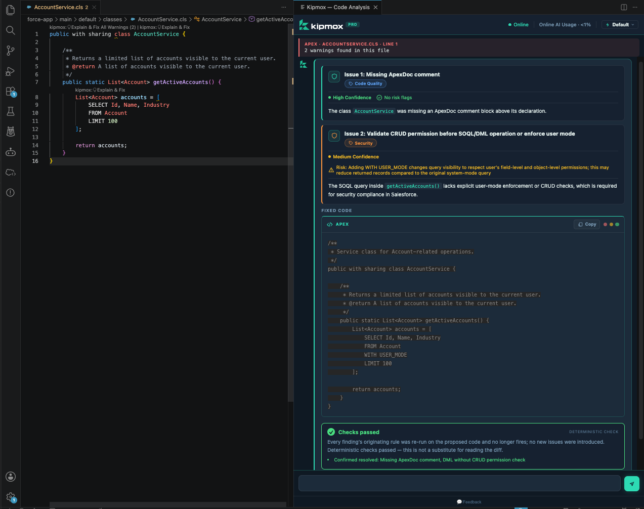 kipmox Code Analysis panel showing all warnings fixed at once