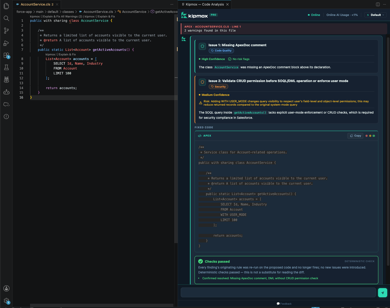 kipmox Code Analysis panel showing all warnings fixed at once