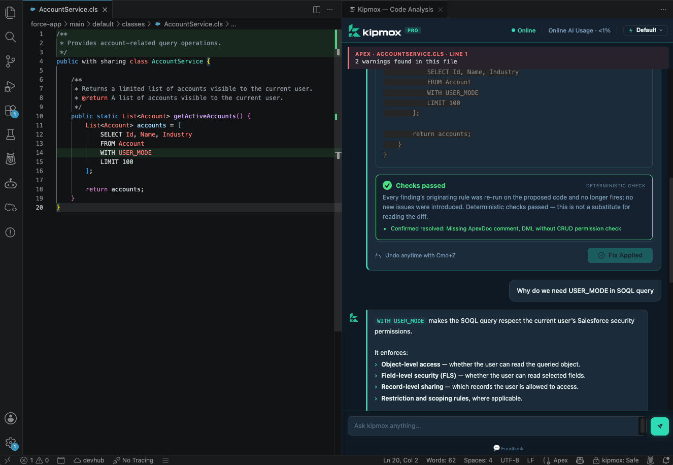 kipmox Code Analysis panel with chat input