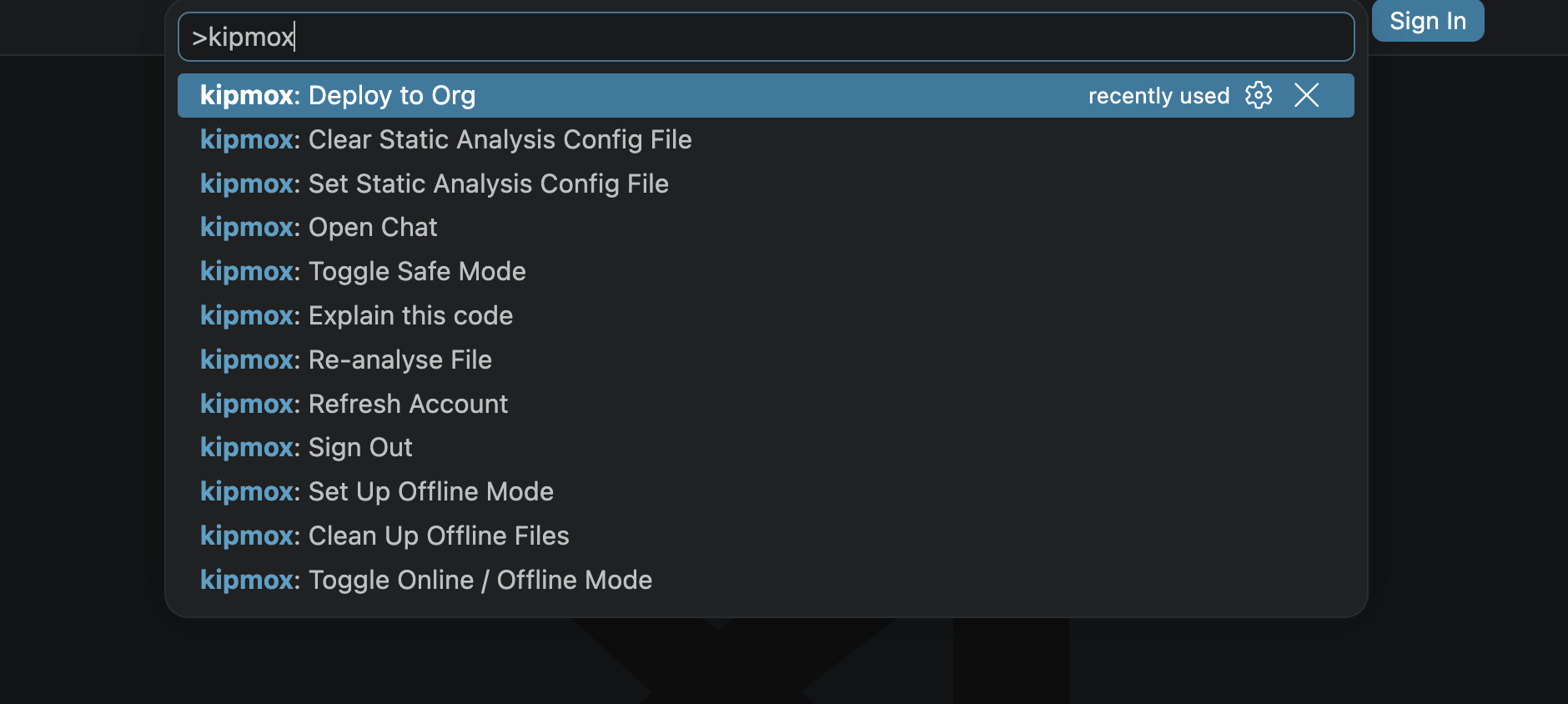 kipmox commands in the VS Code Command Palette
