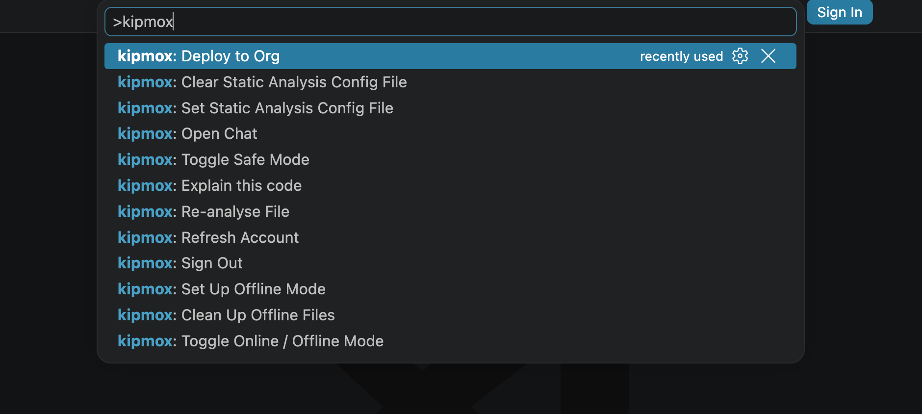 kipmox commands in the VS Code Command Palette