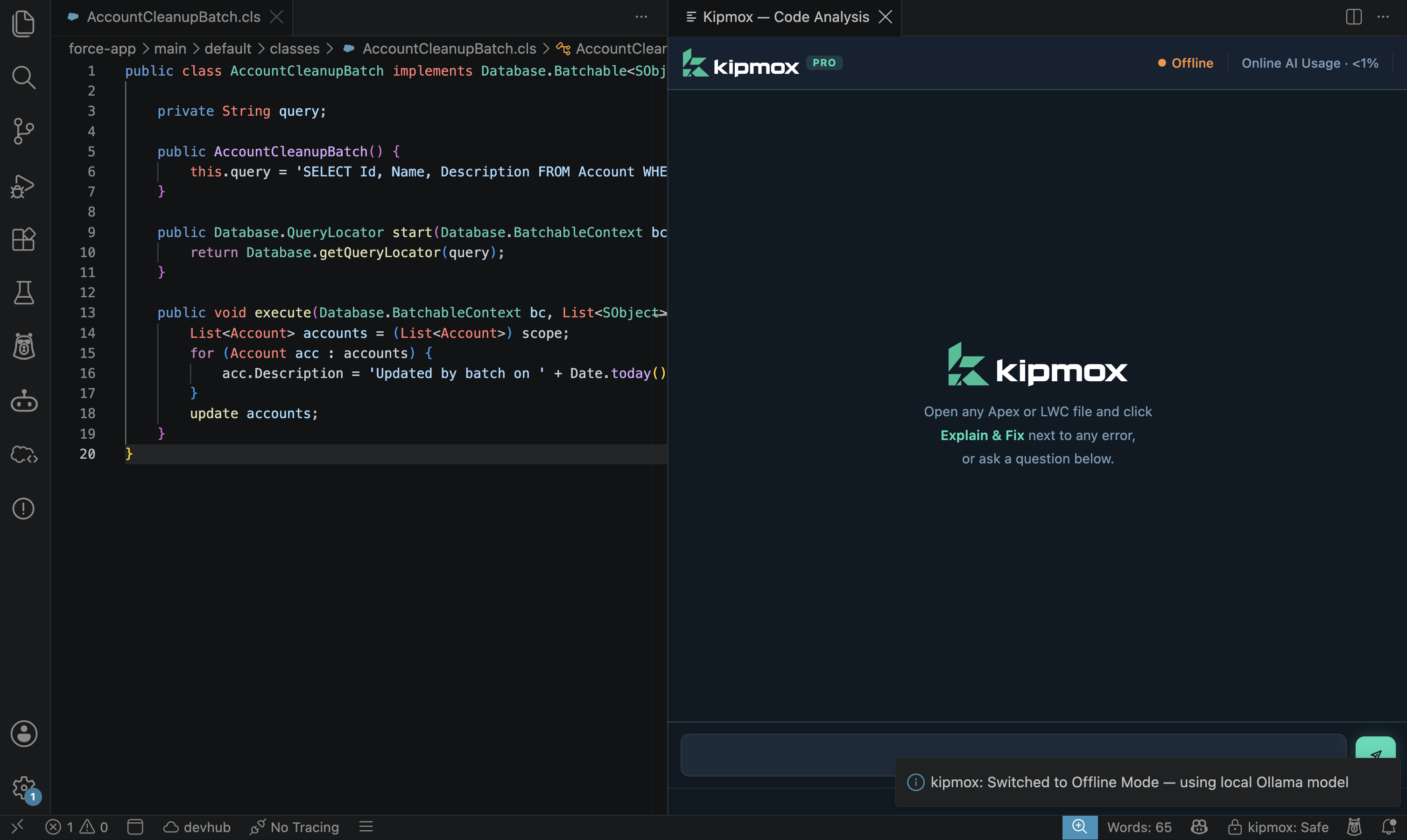 kipmox: Switched to Offline Mode — using local Ollama model notification