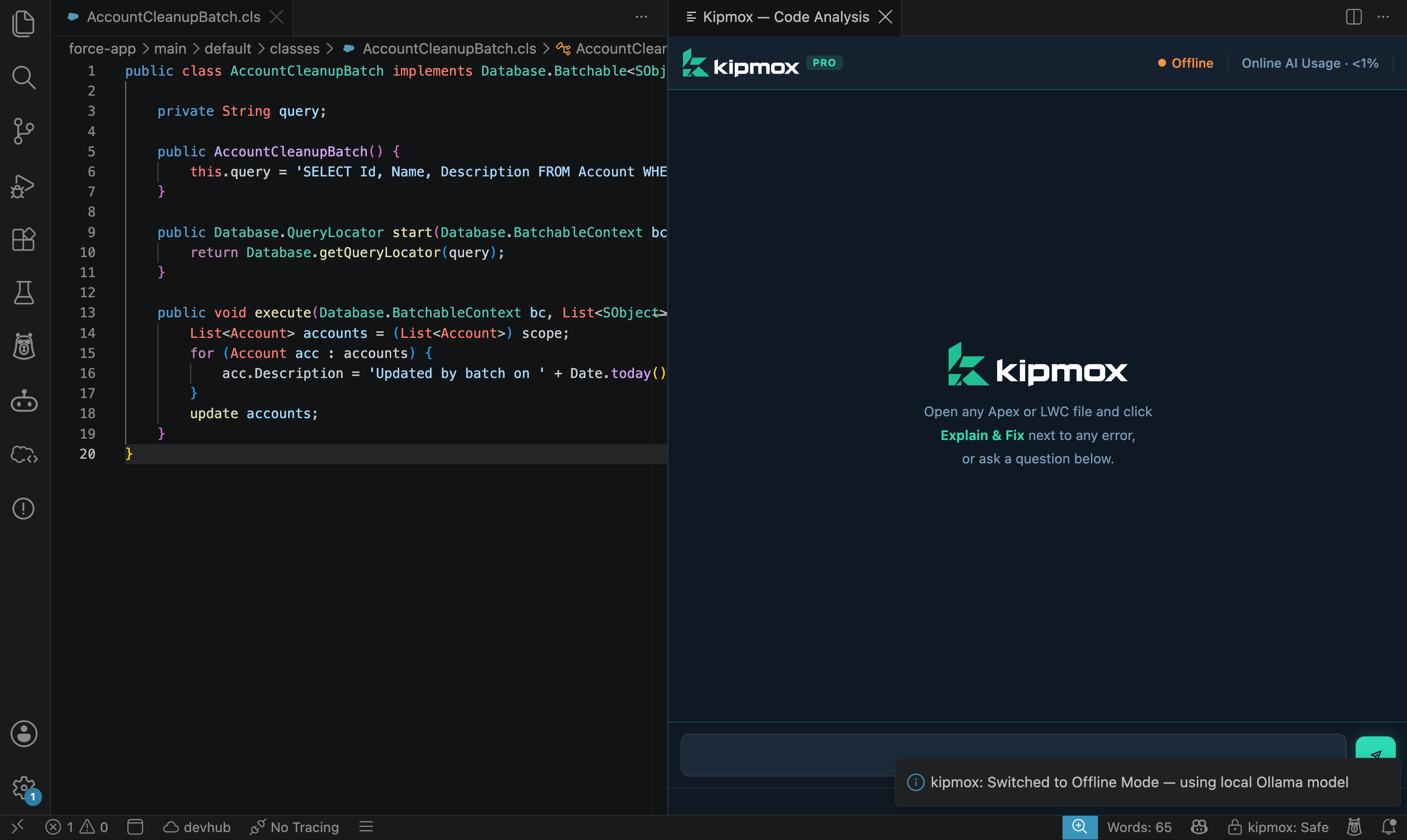 kipmox: Switched to Offline Mode — using local Ollama model notification
