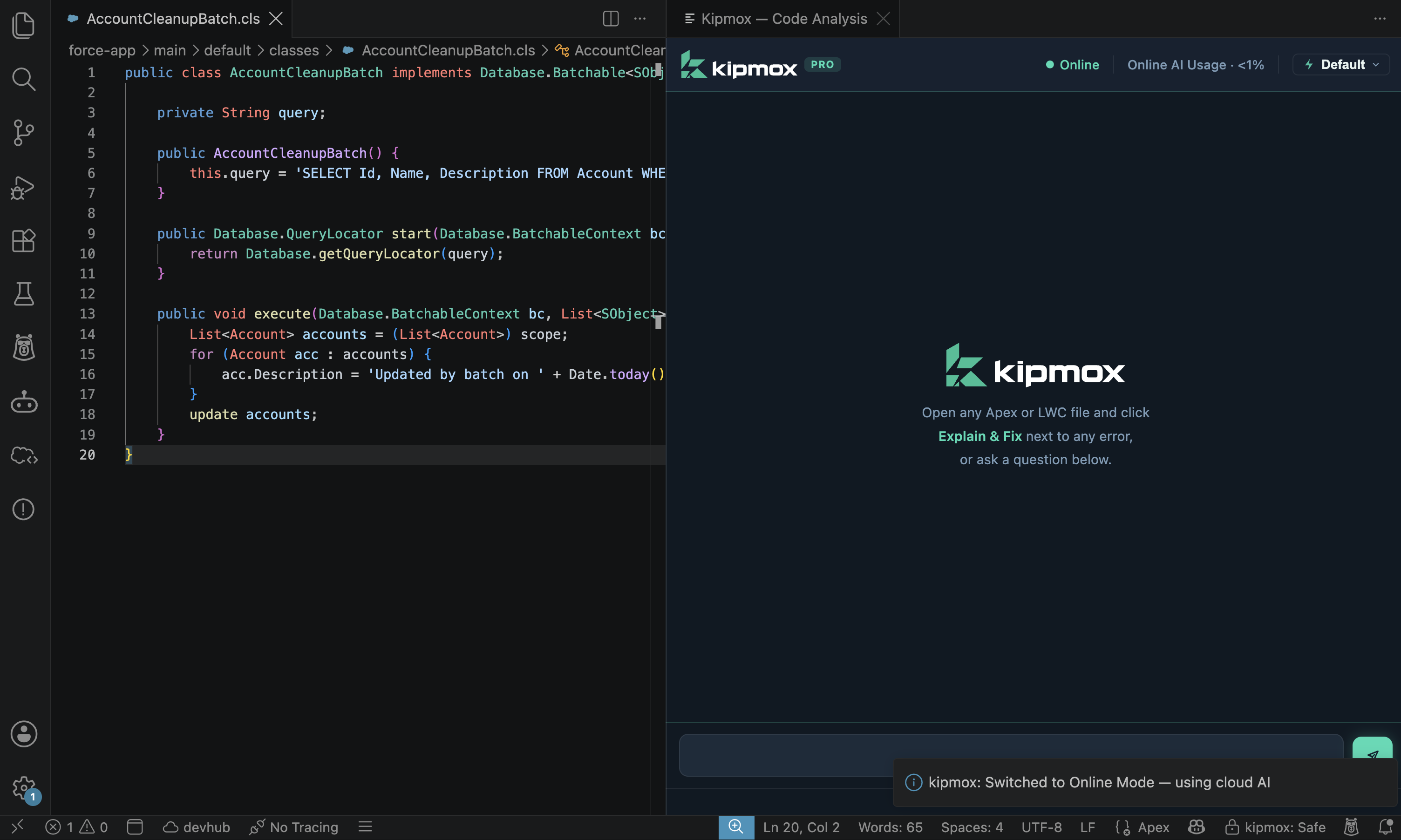 kipmox: Switched to Online Mode — using cloud AI notification