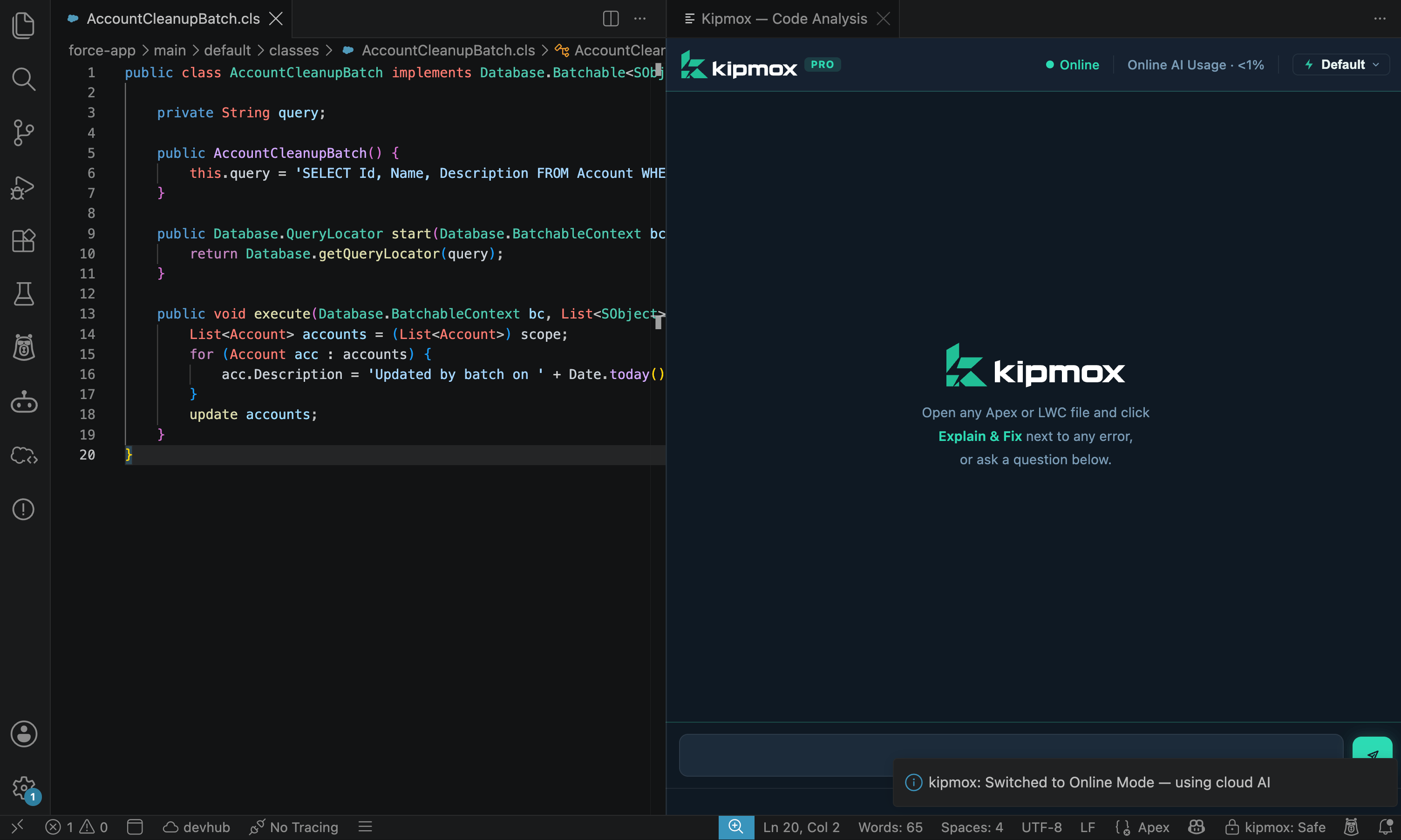 kipmox: Switched to Online Mode — using cloud AI notification