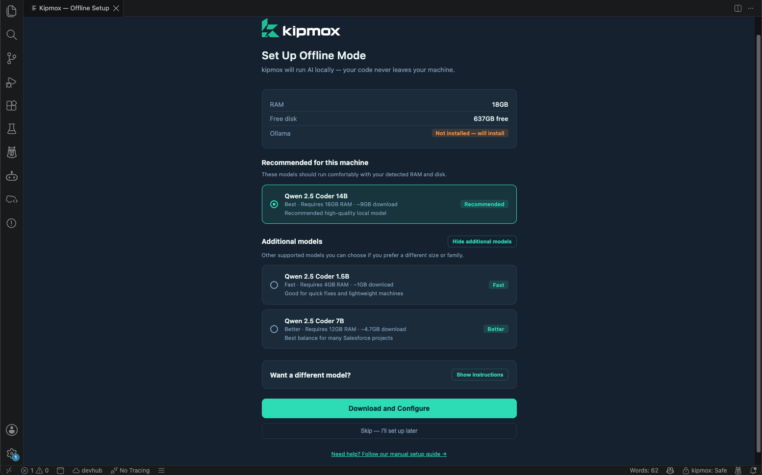 Offline setup — fresh install: Ollama not installed, with model selection and a Recommended badge