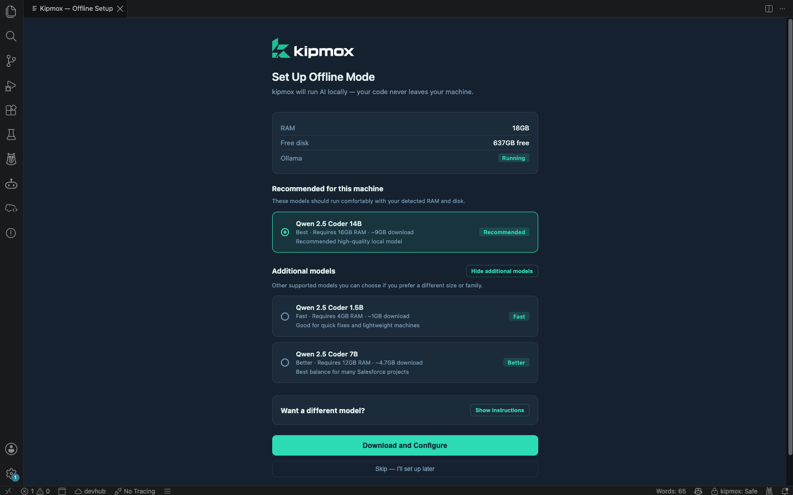 Offline setup — Ollama running but no compatible model, prompting a download