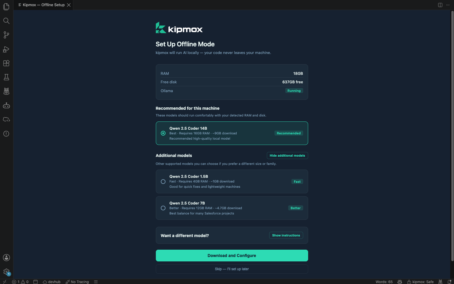 Offline setup — Ollama running but no compatible model, prompting a download