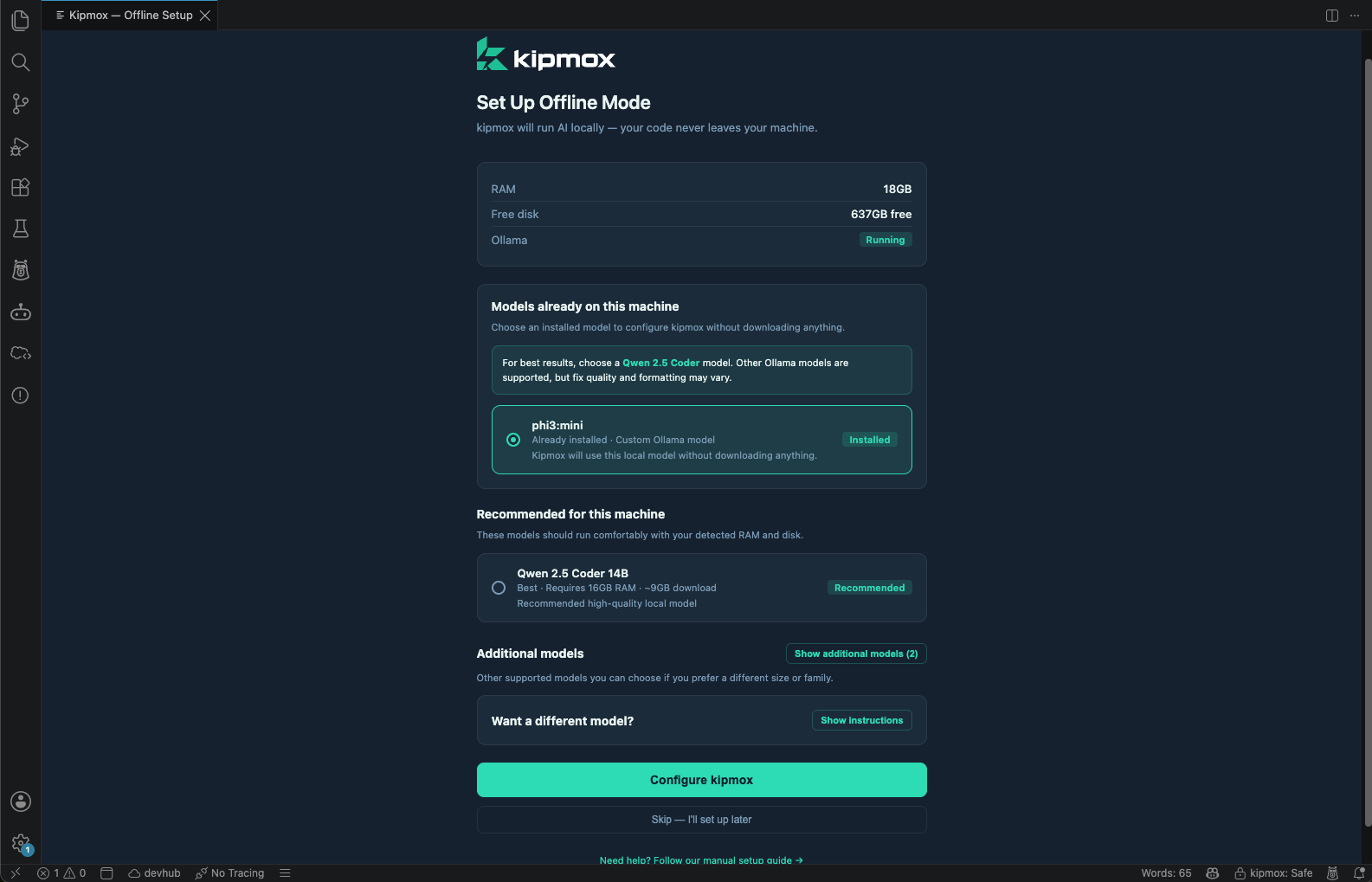 Offline setup — Ollama already running with a compatible model detected