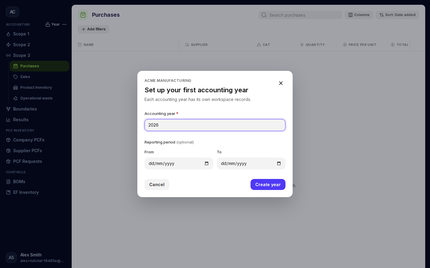 First accounting year dialog above the workspace, with year 2026 and optional reporting dates.