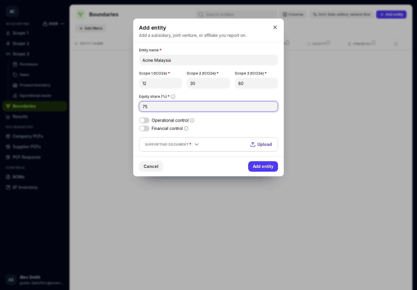 Organization boundaries entity form with scope emissions, equity percentage, and control switches.