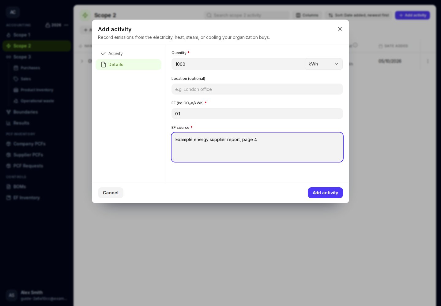 Purchased cooling details with quantity, unit, and factor source.