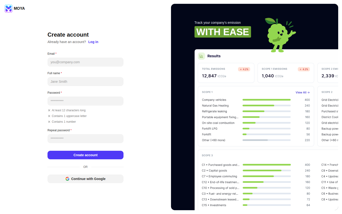 Create account form with Email, Full name, Password, Repeat password, and Create account button.