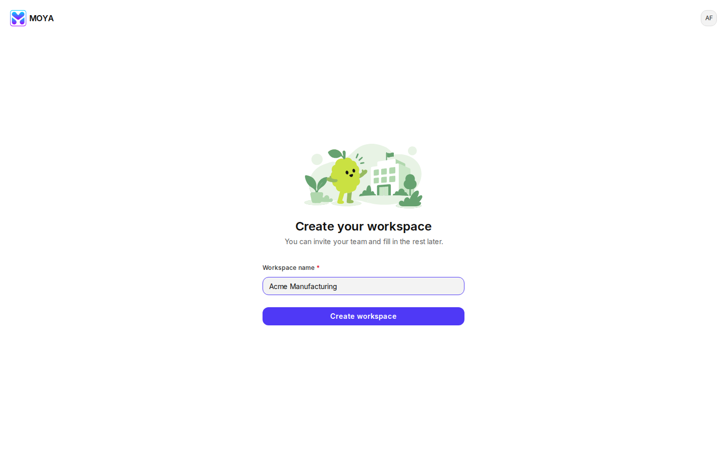 Create your workspace screen with Acme Manufacturing entered as the workspace name.