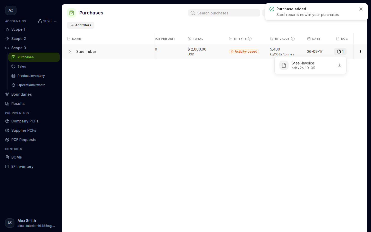 Document menu opened from the saved purchase's Docs count, showing its Steel-invoice PDF.